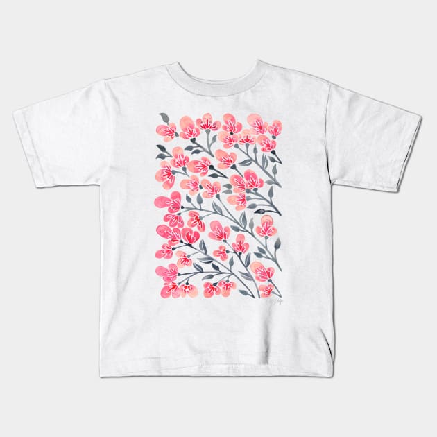 pink black cherry blossoms Kids T-Shirt by CatCoq